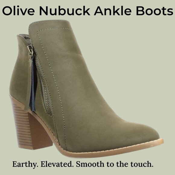 Stacked Chunky Heel Booties Olive Green Nubuck Ankle Boots | Earthy. Elevated. - Picture 1 of 5